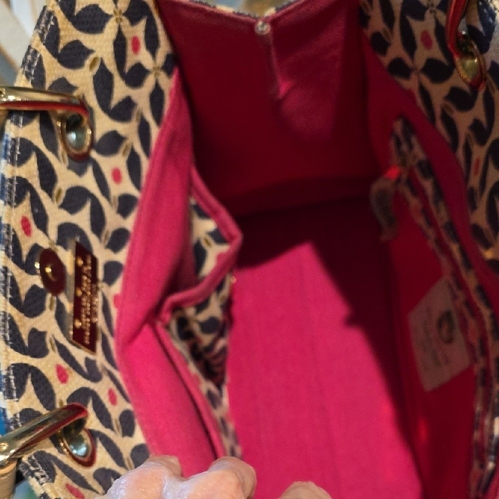 Spartina 449 Tote Bag Navy Pink Geometric Floral Canvas Leather Shoulder Bag - Picture 6 of 13